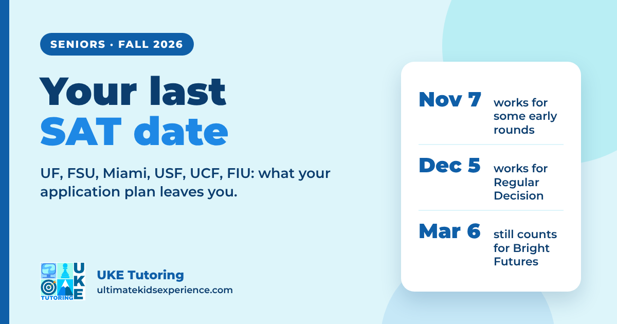 Your last SAT date for UF, FSU, Miami, USF, UCF and FIU: Nov 7 for some early rounds, Dec 5 for Regular Decision, Mar 6 still counts for Bright Futures - UKE Tutoring